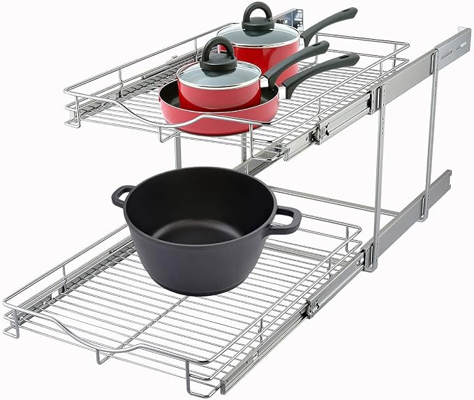 DINDON 2 Tier Pull Out Cabinet Organizer (14" W X 18" D), Double Tier Wire Basket Slide Out Shelf Storage for Kitchen Base Cabinet Organization ​for Kitchen, Pantry, Bathroom, Chrome - Image 7