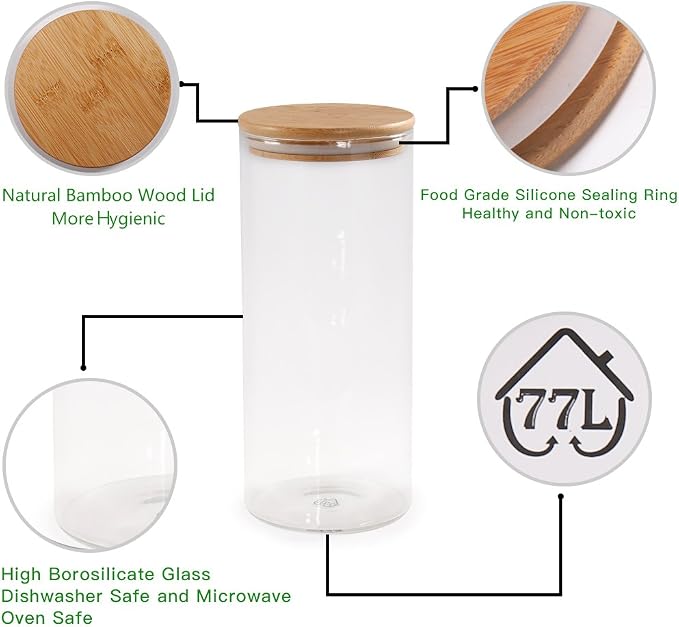 Glass Coffee Bean Container, 52.36 FL OZ (1550 ML), [Thickened Version] Glass Food Storage Jar with Airtight Seal Bamboo Lid - Clear Food Storage Canister for Serving Tea, Coffee, Spice and More - Image 6