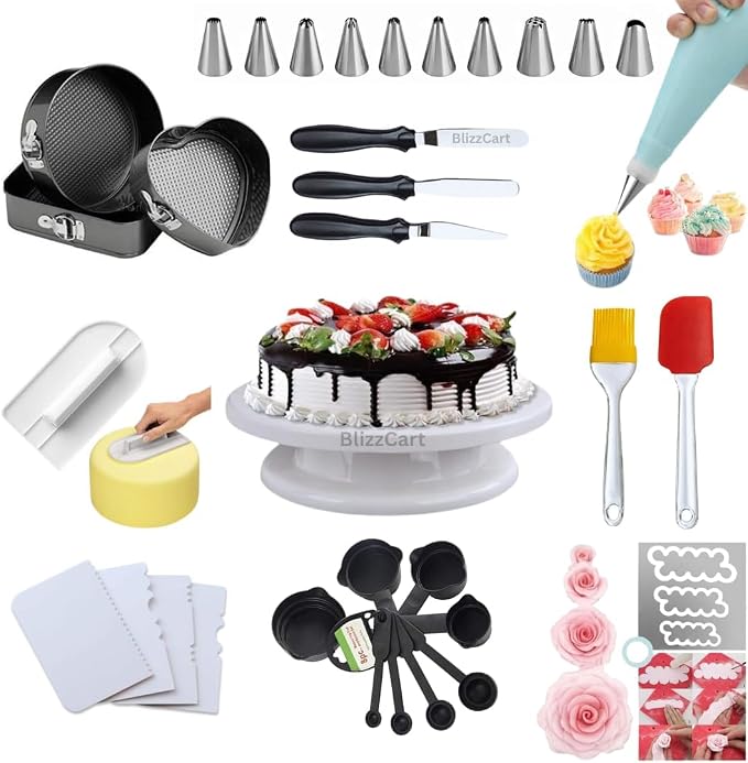12 Piece Cake Decorating Nozzle Cake Making Set,Cake Decoration Kit with 360-Degree Rotating Turntable, Icing Nozzles, Scraper Set, Silicone Spatula,Cake Tin Set of 3, (Combo 5) by Unknown