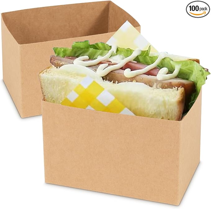 100 Pcs Sandwich Paper Boxes Take Out Food Containers Kraft Sandwich Packaging Boxes Toast Holding Bread Tray for Restaurant, Picnic and Party by Cyblinia