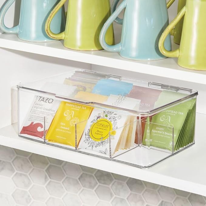 mDesign Plastic Stackable Divided Storage Organizer with Lid for Tea Bags and Coffee Pods in Kitchen Cabinet, Countertop, Ligne Collection, Includes 1 Tea Organizer and 1 Coffee Pod Organizer, Clear - Image 6