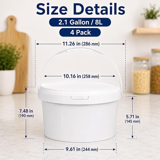 DEMORA 4 Pack 2.1 Gallon Food Grade Storage Buckets with Lids, White | BPA-Free & Stackable, Leakproof Freezer Safe; For Deli, Ice Cream, Meal Prep, Cleaning, Car Wash & Fishing - Image 2