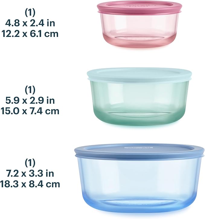Pyrex Colors (3-Pack, Medium) Tinted Glass Round Food Storage Container Set, Snug Fit Non-Toxic Plastic BPA-Free Lids, Freezer Dishwasher Microwave Safe, 2 Cup, 4 Cup & 7 Cup - Image 2