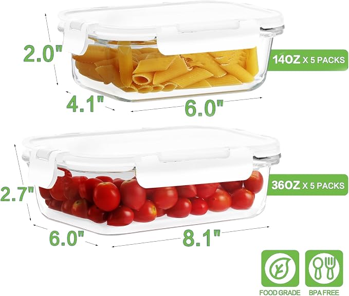 HOMBERKING 10-Pack Glass Meal Prep Containers, 36 oz/14 oz, Locking Lid Set | Borosilicate Glass Food Storage Containers Set, Airtight Lunch Bento Boxes, BPA-Free, Dishwasher Freezer, Oven Safe-White - Image 2