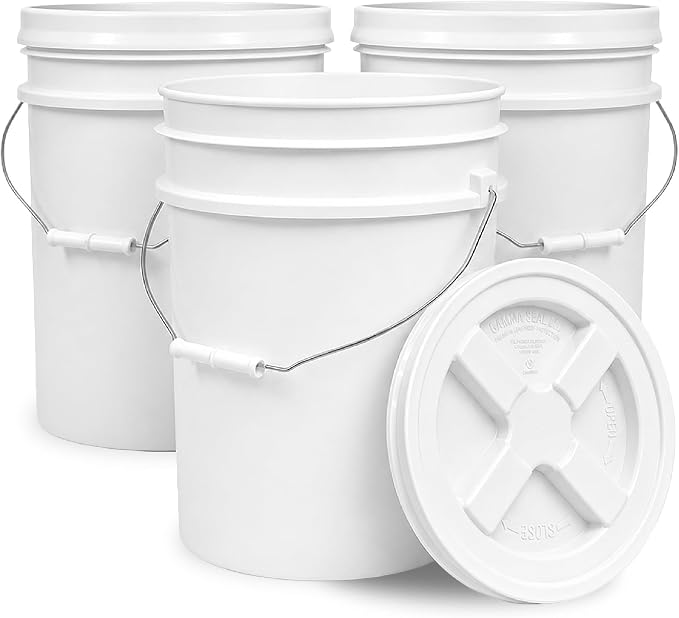 5 Gallon Bucket - Food Grade w/Lid BPA-Free, White/White, 3 | Airtight Gamma Seal Screw-On Lid, Heavy-Duty 90 Mil HDPE Plastic, Food Safe and Durable Container, Bulk Storage, Made in USA by ePackageSupply