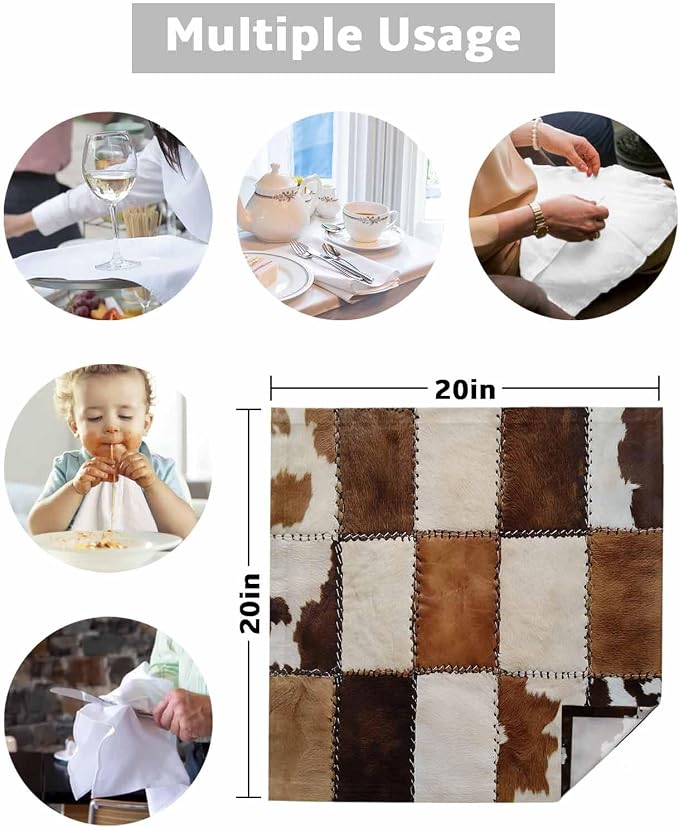 Brown White Geometric Cloth Napkins Set of 6, Retro Plush Cowhide Texture Dinner Napkins Cloth Washable, Cocktail Napkins Reusable for Wedding, Party, Birthday (20"x20") - Image 7