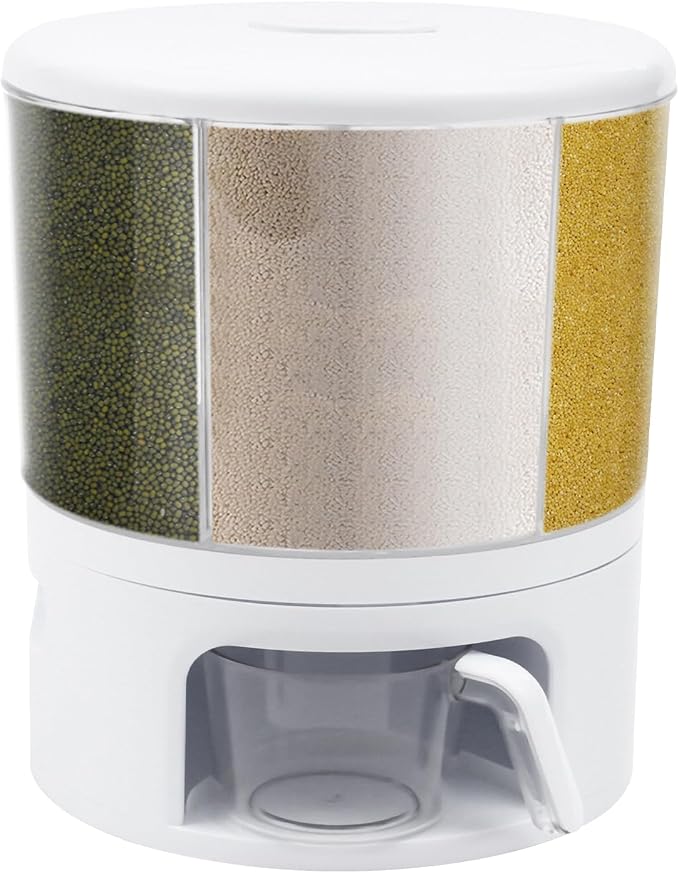 360° Rotating Grain Dispenser With 6 Grids, 24lbs Large Capacity Grain Dispenser Rotating Kitchen Storage Containers With Sealed Lid For Peanut Barley Millet And Cereal(White) by Unknown