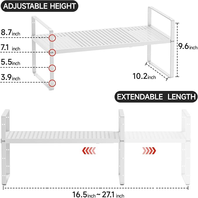 Expandable Cabinet Shelf Organizers, 16.5"~27''L, White | Adjustable Metal Spice Rack Organizer, Stackable, Kitchen Counter Storage, 10.2" W x 9.6" H - Image 2