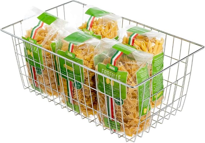 SANNO Freezer Baskets for Storage Pantry Large Metal Wire Food Storage Organizer Bin Basket with Handles - for Kitchen Cabinets, Pantry, Bathroom, Laundry Room, Closets, Garage - Chrome，2 pack - Image 5