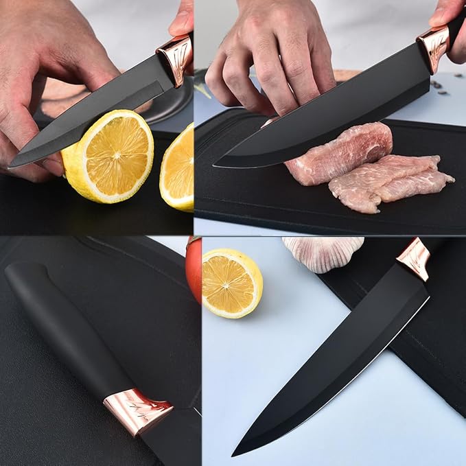19 Pieces Kitchen Utensils and Knife Set with Block, Inldued 9 Pieces Silicone Cooking Utensils Set 5 Pieces Sharp Stainless Steel Chef Knives Scissors Whisk Tongs and Cutting Board (Black) - Image 6