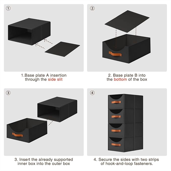 Closet Organizers and Storage - Large Stackable Storage Bins with Drawer, Fabric Bins for Organization, Collapsible Storage Drawers Organizer for Bedroom, Living Room, 4 Pack, Black - Image 4