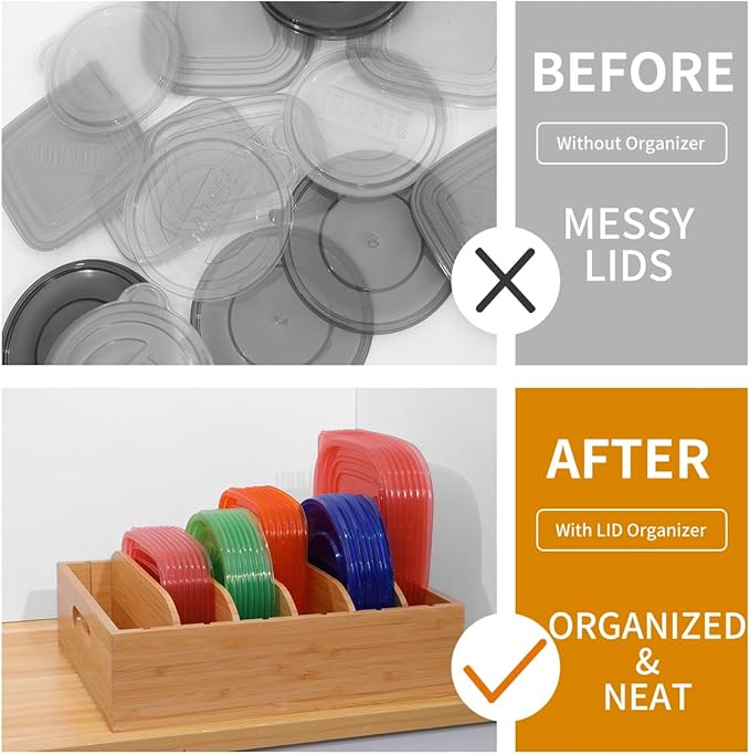 Bamboo Lid Holder Food Container, Kitchen Organizer with 5 Adjustable Dividers, Cabinet Organizer for Food, Kitchen Gadget, Container Lids (2pcs) - Image 5