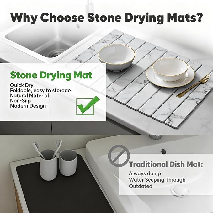 Stone Drying Mat for Kitchen Counter, Quick Diatomaceous Earth Mats for Dishes, 24"L x 16" W Super Absorbent Fast-Drying Collapsible Countertop Stone Mat (Marble White, 24" x 16") - Image 5