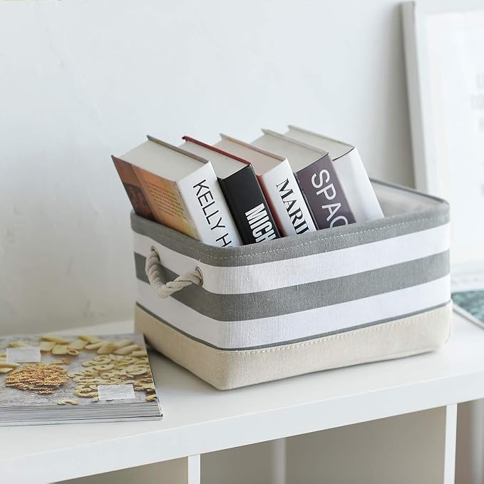 Storage Basket Fabric Basket with Handles Dog Toy Basket Cloth Storage Bin Shelf Basket Decorative Storage Basket Shoe Basket Gift Basket(Grey&White Stripes-1 Pack,15.7L×11.8W×8.3H) - Image 3
