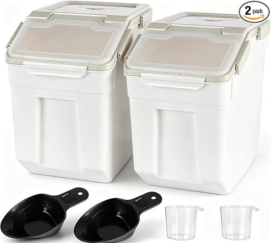 Saim 2 Pack 25lb Flour & Rice Storage Container Bin,Rice Dispenser (Grey) | BPA free plastic with seal lid, rolling wheels and measuring scoop for rice, flour, cereal and grain one-hand scooping by Saim