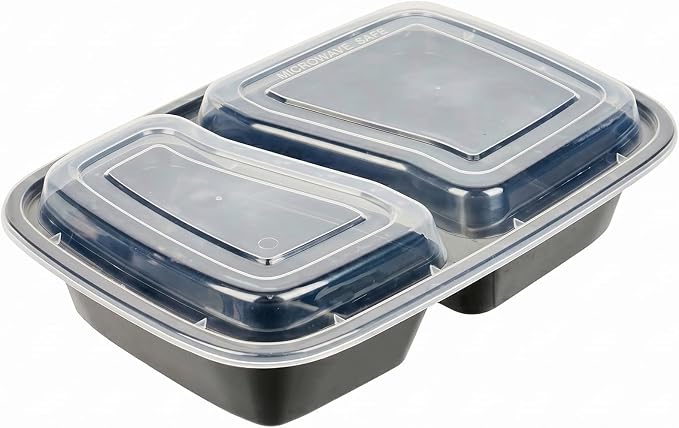 Asporto 32 Ounce Compartment Take Out Boxes, 50 Microwavable Meal Prep Containers - 2 Compartments, With Clear Plastic Lids, Black Plastic Food Containers, Do Not Contain BPA - Restaurantware - Image 2