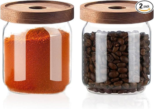 Glass Jars with Airtight Wood Lids - 17 oz Small Kitchen Pantry Storage Containers, Stackable Decorative Canisters for Chia Seed, Tea, Ground Coffee, Sugar, Spice, Salt, Matcha, Nuts, Q-Tip, Set of 2 by PENGSHU