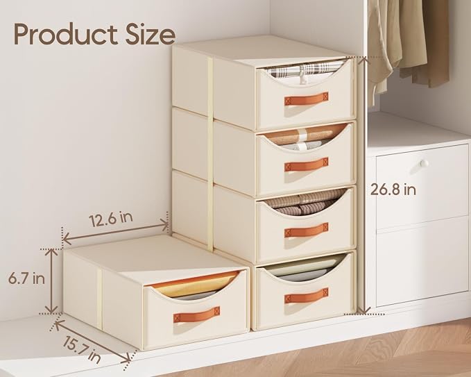 Stackable Storage Drawers - Large Collapsible Storage Bins with Drawers, 4 Pack Closet Shelf Organizer Basket, Fabric Pull Out Organizer for Bedroom, Living Room, Dorm, Light Beige - Image 3