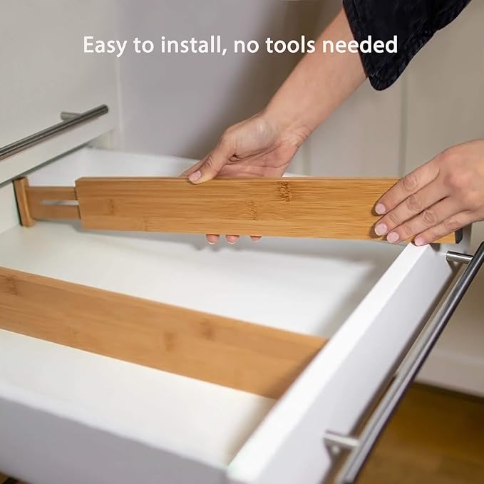 Fabsome Drawer Divider 6 Pack, Bamboo Kitchen Dividers Organizers Adjustable 17''-22'', Wooden Dresser Separators for Nursery Organization Clothes Socks Underwear Baby Clothing, with Soft Foam Ends - Image 5