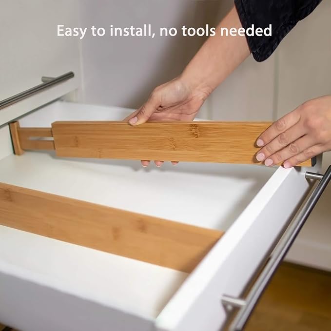 Fabsome Drawer Divider 6 Pack, Bamboo Kitchen Dividers Organizers Adjustable 17''-22'', Wooden Dresser Separators for Nursery Organization Clothes Socks Underwear Baby Clothing, with Soft Foam Ends - Image 5