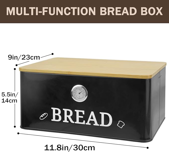 Black Bread Box for Kitchen Countertop with Bamboo lid, Hygrometer Kitchen Organizer for Sourdough, Buns, and Loaves, Bread Storage Container - Image 2