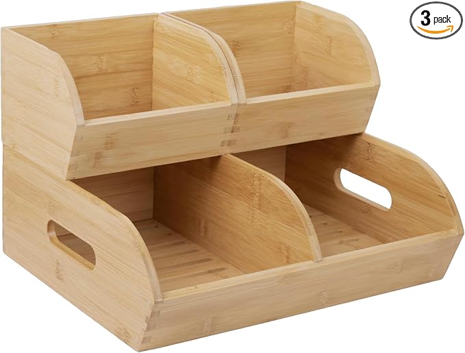 Potato and Onion Storage Bin for Pantry and Kitchen Counter - Ventilated Stackable Bamboo Organizer Baskets with Handles by HomewareExpress