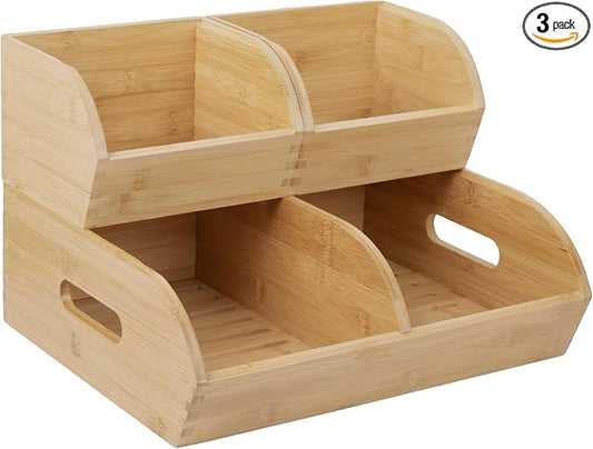 Potato and Onion Storage Bin for Pantry and Kitchen Counter - Ventilated Stackable Bamboo Organizer Baskets with Handles by HomewareExpress