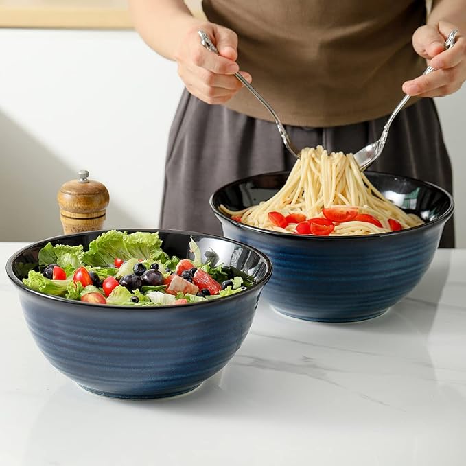 HASENSE Ceramic Serving Bowls, 9 Inch Large Salad Bowls for Kitchen, 84 Ounce Mixing Bowl Set of 2, Ideal for Soup Pho Pasta Popcorn, Dishwasher & Microwave Safe(Blue) - Image 2