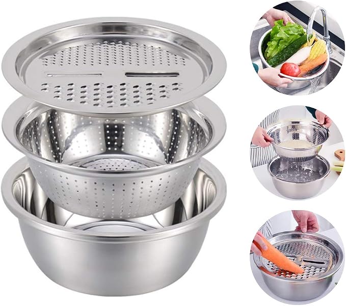 Stainless Steel Kitchen Basin Drain Basket Colander Set 3 in 1 Multifunctional Fruit Vegetable Julienne Grater Strainer Fine Mesh Basket Vegetable Rice Washing Bowl Set - Image 9