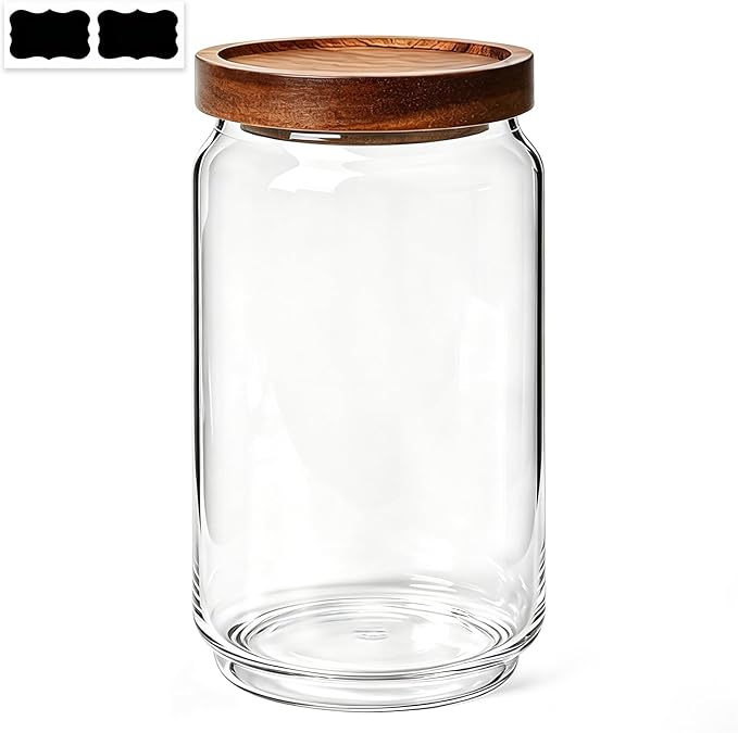 ComSaf Glass Jar with Acacia Wood Lid 34oz 1Pack, Food Storage Container | 1.1Qt Canister, Oats Coffee Sugar Pasta Candy Cookies Nut, Kitchen Pantry, Decorative, Countertop Display, Food-Grade, Label by ComSaf