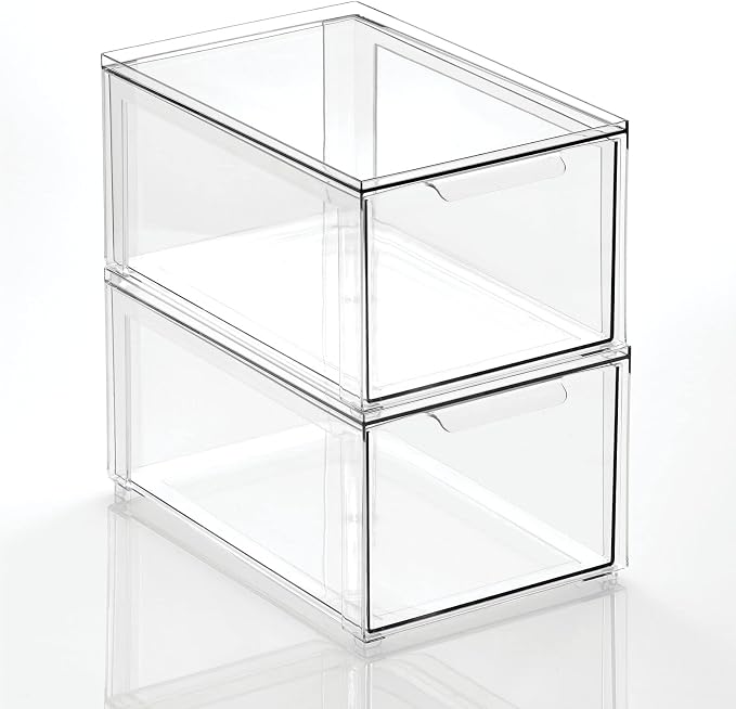 mDesign Plastic Stackable Bathroom Storage with Pull Out Bin Organizer Drawer for Cabinet, Vanity, Shelf, Cupboard, Cabinet, or Closet Organization - Lumiere Collection - 2 Pack - Clear - Image 10