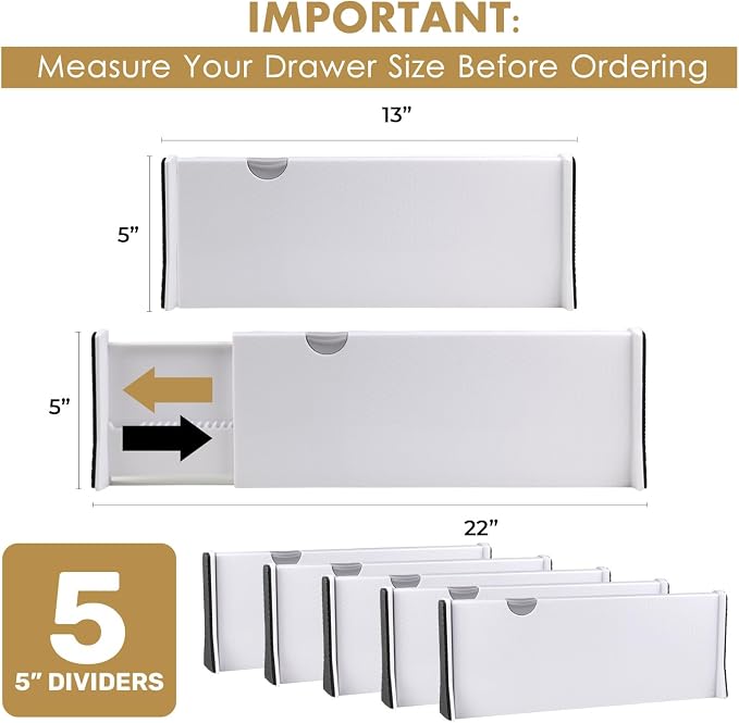 RAPTUROUS Adjustable Deep Drawer Divider – 5" Tall, Expandable 13-22", 5-Pack, Non-Slip Drawer Dividers for Clothes, Dresser, Kitchen & Office Organization (White) - Image 2