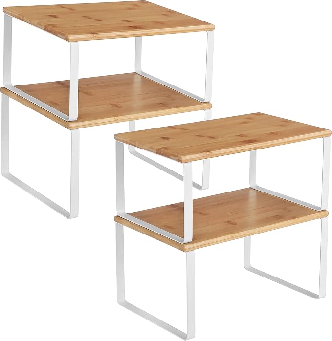 SONGMICS Cabinet Organizer Shelf, Set of 4 Kitchen Counter Shelves, Kitchen Storage, Spice Rack, Stackable, Expandable, Metal and Engineered Wood, Cloud White and Natural Beige UKCS010N01 by Unknown