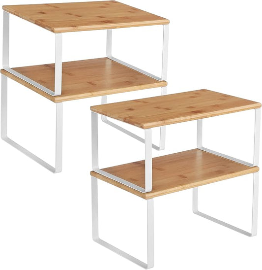 SONGMICS Cabinet Organizer Shelf, Set of 4 Kitchen Counter Shelves, Kitchen Storage, Spice Rack, Stackable, Expandable, Metal and Engineered Wood, Cloud White and Natural Beige UKCS010N01 by Unknown