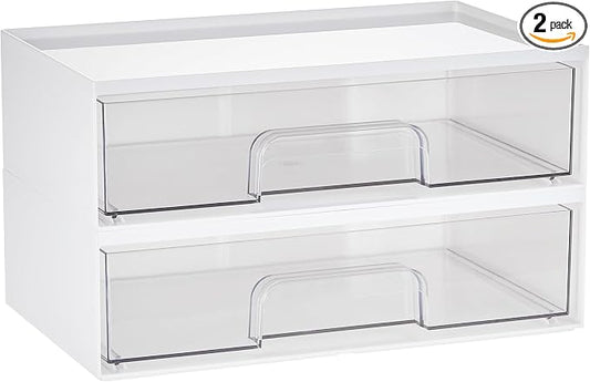 Vtopmart White Stackable Storage Drawers, 2 Pack Wide Organizers | Pull-Out Drawers, Stackable Design for Makeup Palettes, Cosmetics, Beauty Supplies, Vanity, Cabinet and Desk by Vtopmart