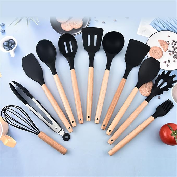 19 Pcs Kitchen Cooking Utensils and Knife Set with Block, Include 11 Pcs Silicone Cooking Utensils Set 5 Pieces Sharp Stainless Steel Chef Knives Scissors Whisk Tongs and Cutting Board (Black) - Image 4