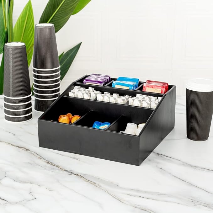 Restaurantware-11.75 x 5.5 Inch Coffee Condiment Organizer, 1 Square Creamer Organizer - 9 Compartments, Break-Resistant, Black Bamboo Coffee Accessory Caddy, Won't Chip, For Sugar Packets & Creamers - Image 7