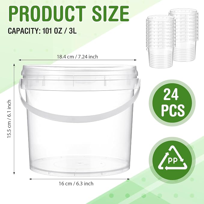 Funnymoom 24 Pack 101 oz/3L Clear Deli Buckets with Lids Plastic Ice Cream Bucket with Handle Safe Food Storage Round Tub Pails Containers Freezer & Microwave for Fruit Snack Take out - Image 2