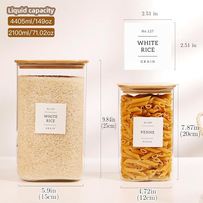 2 Pack large Square Glass Flour and Sugar Containers with 132 Kitchen Pantry Labels - 149 floz & 71 floz - Glass Jars with Airtight Bamboo Lid - Glass Rice Canisters for Coffee, Pasta, Cookie, Cereal - Image 3