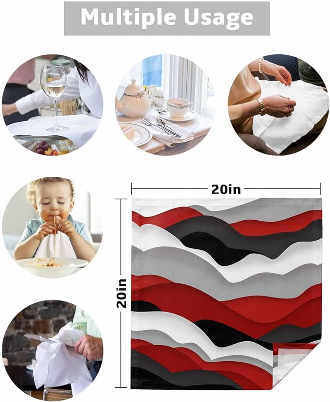 Modern Red Black Cloth Napkins Set of 4 - Washable Dinner Napkins Reusable Table Napkins for Home Party Weeding Dining Table Setting Decoration, Oversized 20"x20" Ocean Waves Geometric Grey White - Image 5