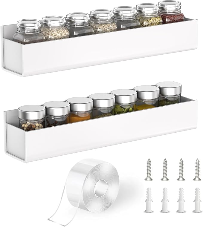 PMMASTO Adhesive Acrylic Spice Rack Organizer for Wall with Nano Double Sided Tape, Spice Shelf Organization for Kitchen Cabinet Door/Pantry Door, Wall Mount Seasoning Rack (White-2 Pack) by PMMASTO