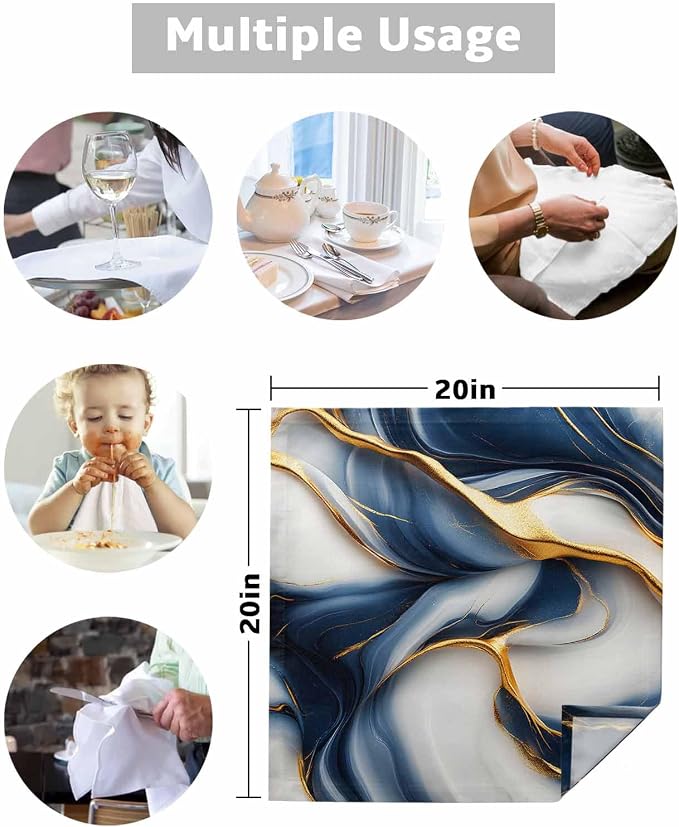 Navy Blue Gold Dinner Napkins Cloth Set of 6, Premium Polyester Napkins 20 x 20 Inch, Marble Modern Art Abstract Gradient Gray Washable and Reusable Table Napkins for Wedding Cocktail Hotel - Image 5