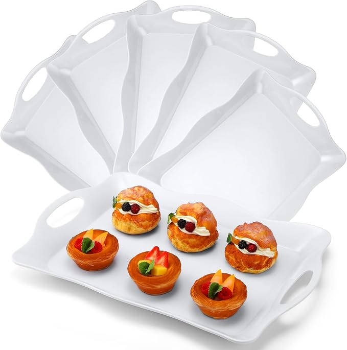 6 Pcs Large Melamine Serving Tray with Handles 17 x 12 Inch Rectangular Wave Melamine Serving Platters for Food, Eating, Turkey, Snack, Fruit, Desserts, Party, Dishwasher Safe by Tiangrid