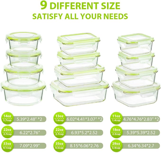 Bayco Glass Food Storage Containers with Lids, [24 Piece] Glass Meal Prep Containers, Airtight Bento Boxes, Leak Proof (12 lids & 12 Containers) - Green - Image 2
