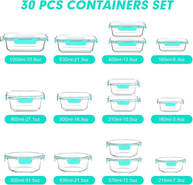 VERONES 30 Pieces Glass Food Storage Containers Set with Lids, Green | Stackable Glass Meal Prep Containers Set with Lids, Airtight Lunch Containers, for Microwave, Oven, Freezer & Dishwasher - Image 2