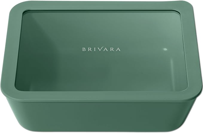 Glass Food Storage Container with Lid, 11-Cup Large Rectangle | Microwave-Safe Airtight Lid, Oven-Safe Ceramic-Coated Glass | Zero Plastic, No PFAS/PFOA/BPA, Reusable [Pine] by BrivaraHome