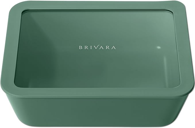 Glass Food Storage Container with Lid, 11-Cup Large Rectangle | Microwave-Safe Airtight Lid, Oven-Safe Ceramic-Coated Glass | Zero Plastic, No PFAS/PFOA/BPA, Reusable [Pine] by BrivaraHome