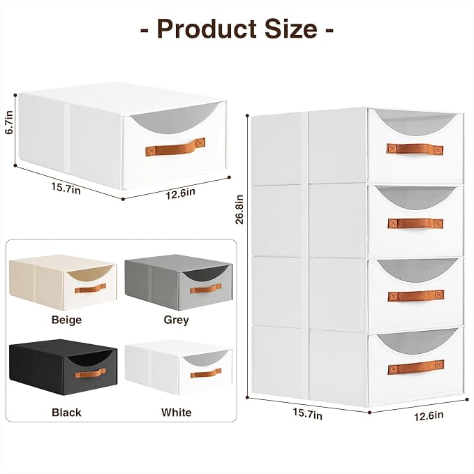 Stackable Storage Drawers - Large Collapsible Storage Bins with Drawers, 8 Pack Closet Shelf Organizer Basket, Fabric Pull Out Organizer for Bedroom, Living Room, Dorm, White - Image 3