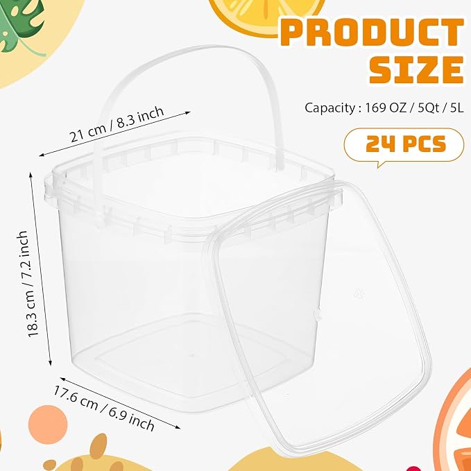 24 Pcs 169 oz Square Deli Containers with Lids and Handle Clear Plastic Food Containers Reusable Space Saver Restaurant Stackable Buckets for Meal Food Prep Kitchen Party Supplies - Image 2