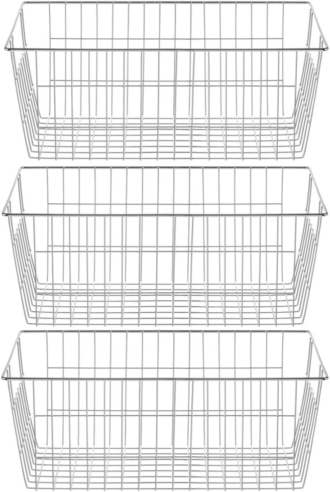 SANNO Freezer Baskets Wire Storage Baskets Closet Organization Baskets Bin Farmhouse Storage Bins Large Organizer Bins for Home, Office, Bathroom, Pantry -Set of 3, Chrome, 15.7" by SANNO